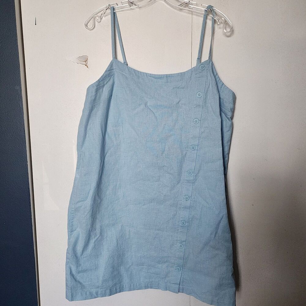 A New Day Light Blue Cotton Linen Shift Dress Sleeveless Pockets XL Coastal